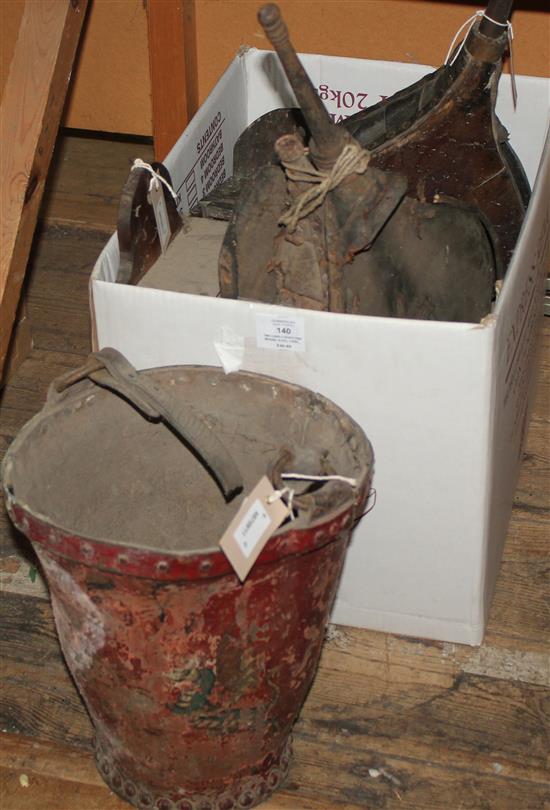 Two candle boxes (one missing slide), three pairs of bellows & a leather fire bucket (6)